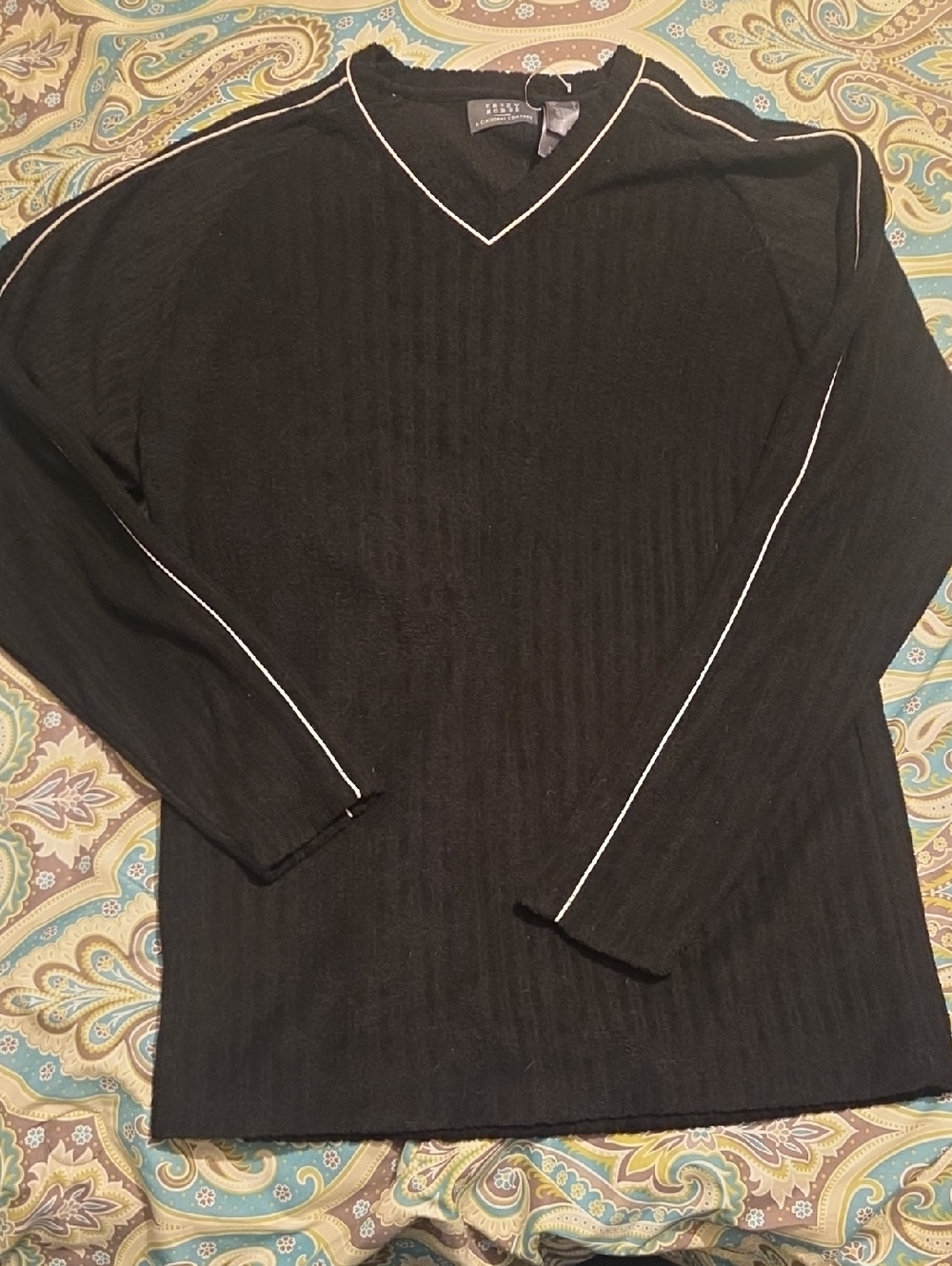 Black V-Neck Sweater with Contrast Piping